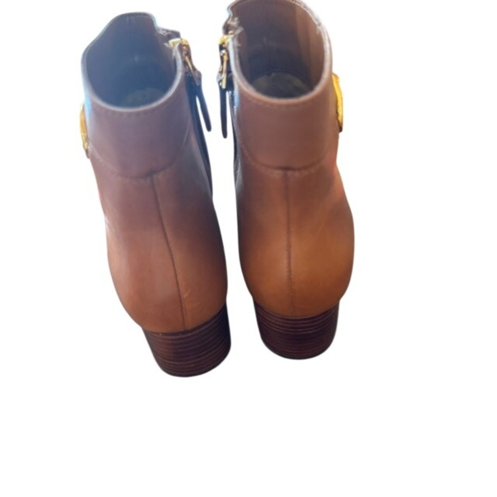 Lauren Ralph Lauren Wynne Tan Leather Ankle Boots Gold Logo Buckle Size 7B - Picture 5 of 9